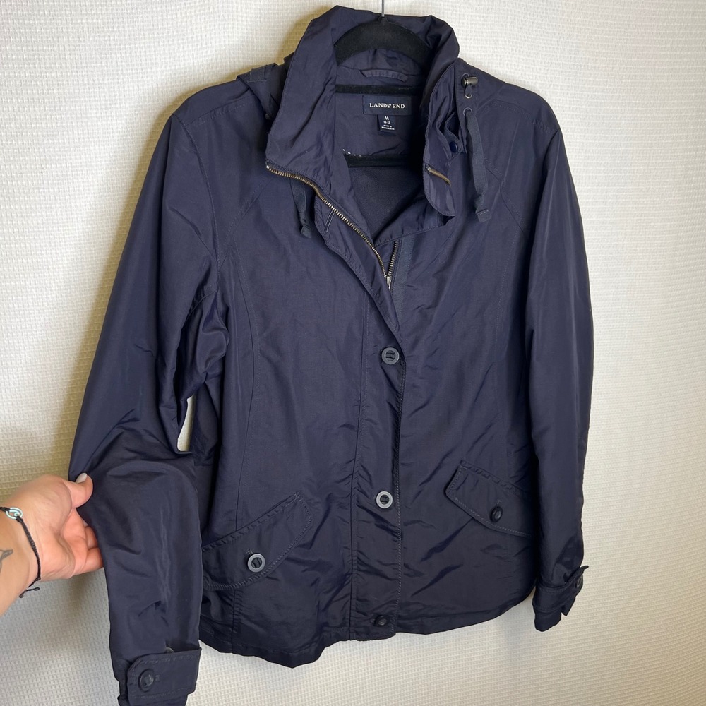 Lands End Womens Navy Blue Hooded Rain Jacket Utility Coat Size M 10-12 D622